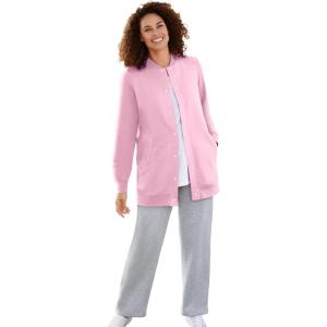 Woman Within Plus Size Fleece Baseball Jacket Long Oversized Fleece Coat(Pink)