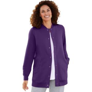 Woman Within Plus Size Fleece Baseball Jacket Long Oversized Fleece Coat(Radiant Purple)