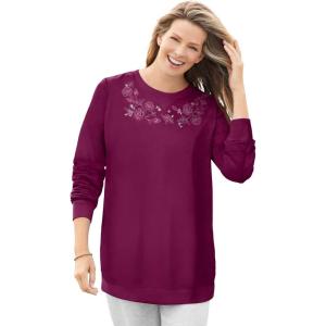 Woman Within Plus Size Fleece Sweatshirt(Deep Claret Floral Embroidery)