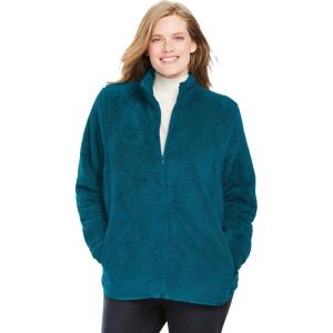 Woman Within Plus Size Fluffy Fleece Jacket Oversized Zip-Up Jacket(Deep Teal)