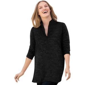 Woman Within Plus Size French Terry Quarter-Zip Sweatshirt(Black Marled)
