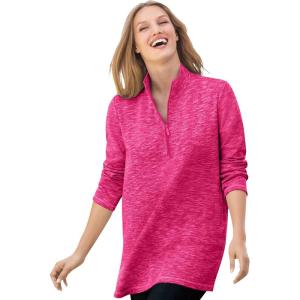Woman Within Plus Size French Terry Quarter-Zip Sweatshirt(Raspberry Sorbet Marled)