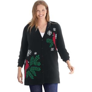 Woman Within Plus Size Holiday Cardigan(Black Red Birds)