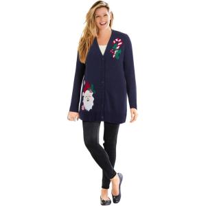 Woman Within Plus Size Holiday Cardigan(Navy Happy Santa)