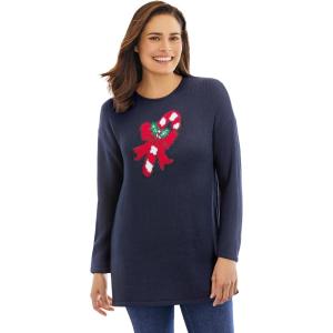 Woman Within Plus Size Holiday Sweater(Navy Candy Cane)