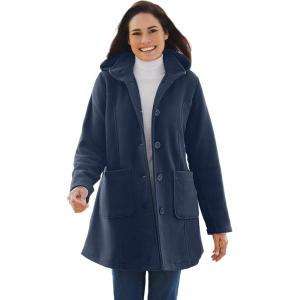 Woman Within Plus Size Hooded A-Line Fleece Coat(Navy)