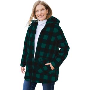 Woman Within Plus Size Hooded Fleece Coat(Emerald Green Buffalo Plaid)