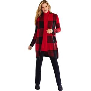 Woman Within Plus Size Jacquard Open Front Duster Sweater(Classic Red Buffalo Plaid)