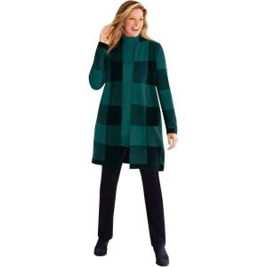 Woman Within Plus Size Jacquard Open Front Duster Sweater(Emerald Green Buffalo Plaid)