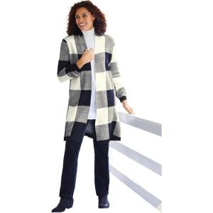 Woman Within Plus Size Jacquard Open Front Duster Sweater(Ivory Buffalo Plaid)