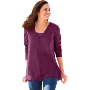 Woman Within Plus Size Layered-Look Lace Trim Tee(Deep Claret)