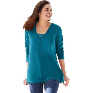 Woman Within Plus Size Layered-Look Lace Trim Tee(Deep Teal)