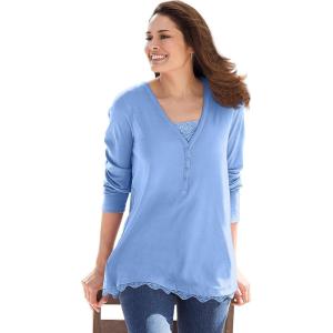 Woman Within Plus Size Layered-Look Lace Trim Tee(French Blue)