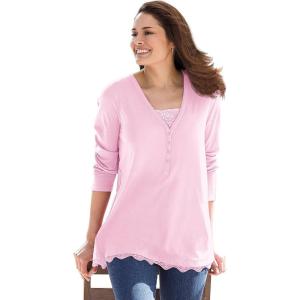 Woman Within Plus Size Layered-Look Lace Trim Tee(Pink)