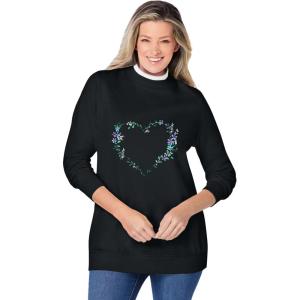 Woman Within Plus Size Layered-Look Sweatshirt(Black Floral Heart)