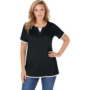 Woman Within Plus Size Layered-Look Tee(Black)