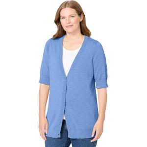 Woman Within Plus Size Lightweight Short Sleeve V-Neck Cardigan(French Blue)