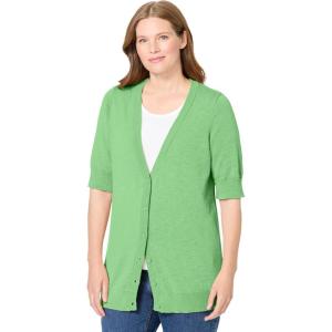 Woman Within Plus Size Lightweight Short Sleeve V-Neck Cardigan(Pistachio)