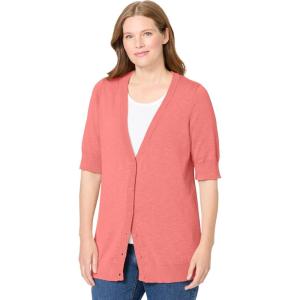 Woman Within Plus Size Lightweight Short Sleeve V-Neck Cardigan(Sweet Coral)