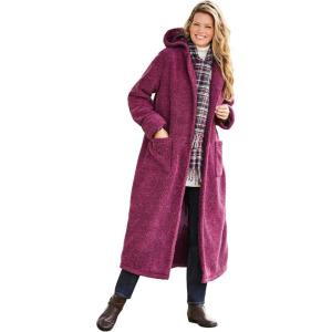 Woman Within Plus Size Long Hooded Berber Fleece Coat(Deep Claret)