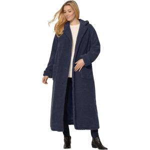Woman Within Plus Size Long Hooded Berber Fleece Coat(Navy)
