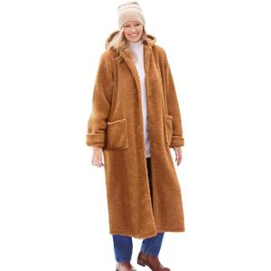 Woman Within Plus Size Long Hooded Berber Fleece Coat(Toffee)