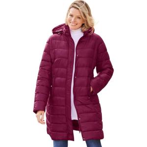 Woman Within Plus Size Long Packable Puffer Jacket(Deep Claret)