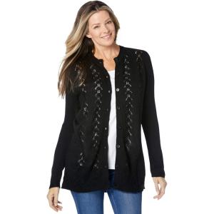 Woman Within Plus Size Long-Sleeve Pointelle Cardigan(Black)
