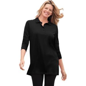 Woman Within Plus Size Long-Sleeve Polo Shirt(Black)