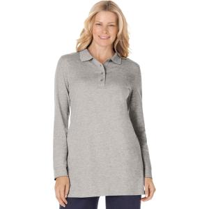 Woman Within Plus Size Long-Sleeve Polo Shirt(Medium Heather Grey)