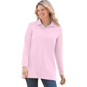 Woman Within Plus Size Long-Sleeve Polo Shirt(Pink)