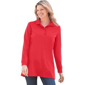 Woman Within Plus Size Long-Sleeve Polo Shirt(Vivid Red)