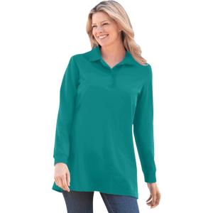 Woman Within Plus Size Long-Sleeve Polo Shirt(Waterfall)