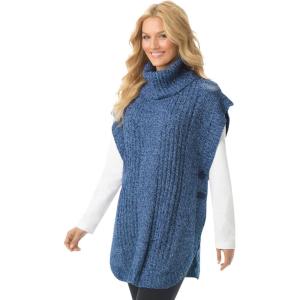 Woman Within Plus Size Marled Knit Cowl Neck Poncho(Navy Sky Blue Marled)