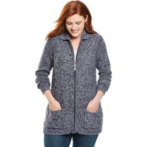Woman Within Plus Size Marled Zip-Front Cable Knit Cardigan(Black White Marled)