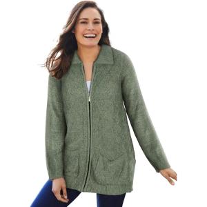 Woman Within Plus Size Marled Zip-Front Cable Knit Cardigan(Pine Sage Marled)