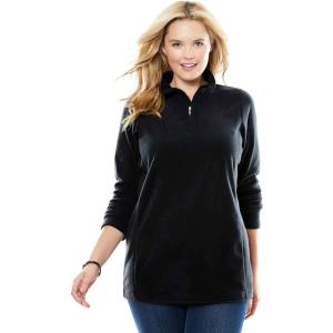 Woman Within Plus Size Microfleece Quarter-Zip Pullover(Black)
