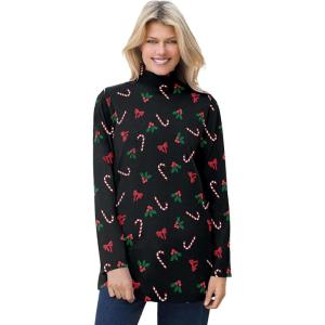 Woman Within Plus Size Mockneck Long-Sleeve Tunic(Black Mistletoe)