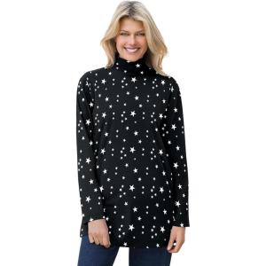Woman Within Plus Size Mockneck Long-Sleeve Tunic(Black White Stars)
