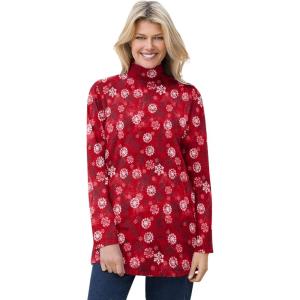 Woman Within Plus Size Mockneck Long-Sleeve Tunic(Classic Red Snowflakes)