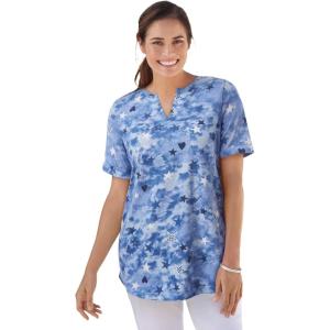 Woman Within Plus Size Notch-Neck Pocket Tee(French Blue Americana Tie Dye)