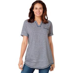 Woman Within Plus Size Notch-Neck Pocket Tee(Navy Stripe)