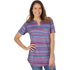Woman Within Plus Size Notch-Neck Pocket Tee(Pretty Violet Multi Stripe)