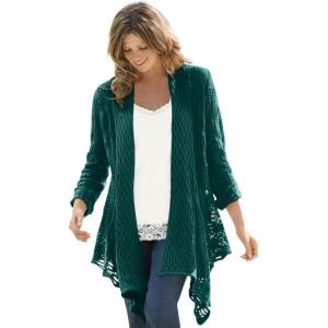 Woman Within Plus Size Open Front Pointelle Cardigan(Emerald Green)
