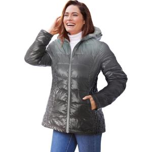 Woman Within Plus Size Packable Puffer Jacket(Black Ombre)