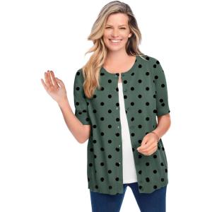Woman Within Plus Size Perfect Elbow-Length Sleeve Cardigan(Pine Dot)