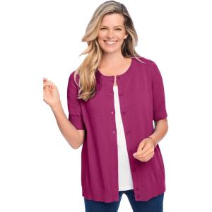 Woman Within Plus Size Perfect Elbow-Length Sleeve Cardigan(Raspberry)