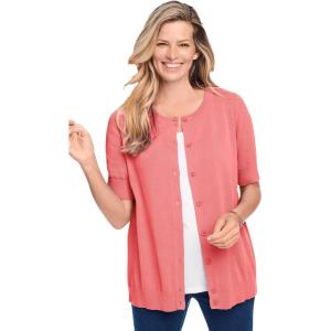 Woman Within Plus Size Perfect Elbow-Length Sleeve Cardigan(Sweet Coral)
