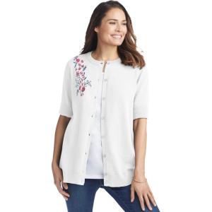 Woman Within Plus Size Perfect Elbow-Length Sleeve Cardigan(White Flower Embroidery)