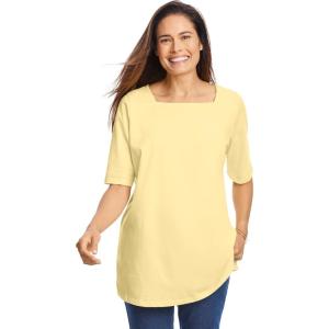 Woman Within Plus Size Perfect Elbow-Sleeve Square-Neck Tee(Banana)